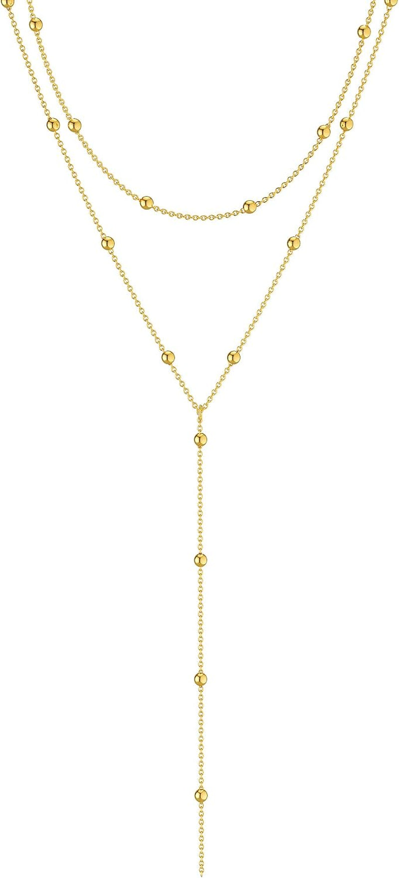 Lariat Gold Necklace for Women, Dainty Long Necklace 14K Gold Plated/Silver Y-Shaped Pendant Necklace Trendy Layered Cz Beaded Chain Drop Necklaces Simple Gold Jewelry for Women Gift