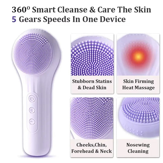 2026 Electric Facial Cleaner 5 in 1 Face Cleansing Brush Wash Machine Spa Skin Care Massager Battery-Powered（Without Battery）