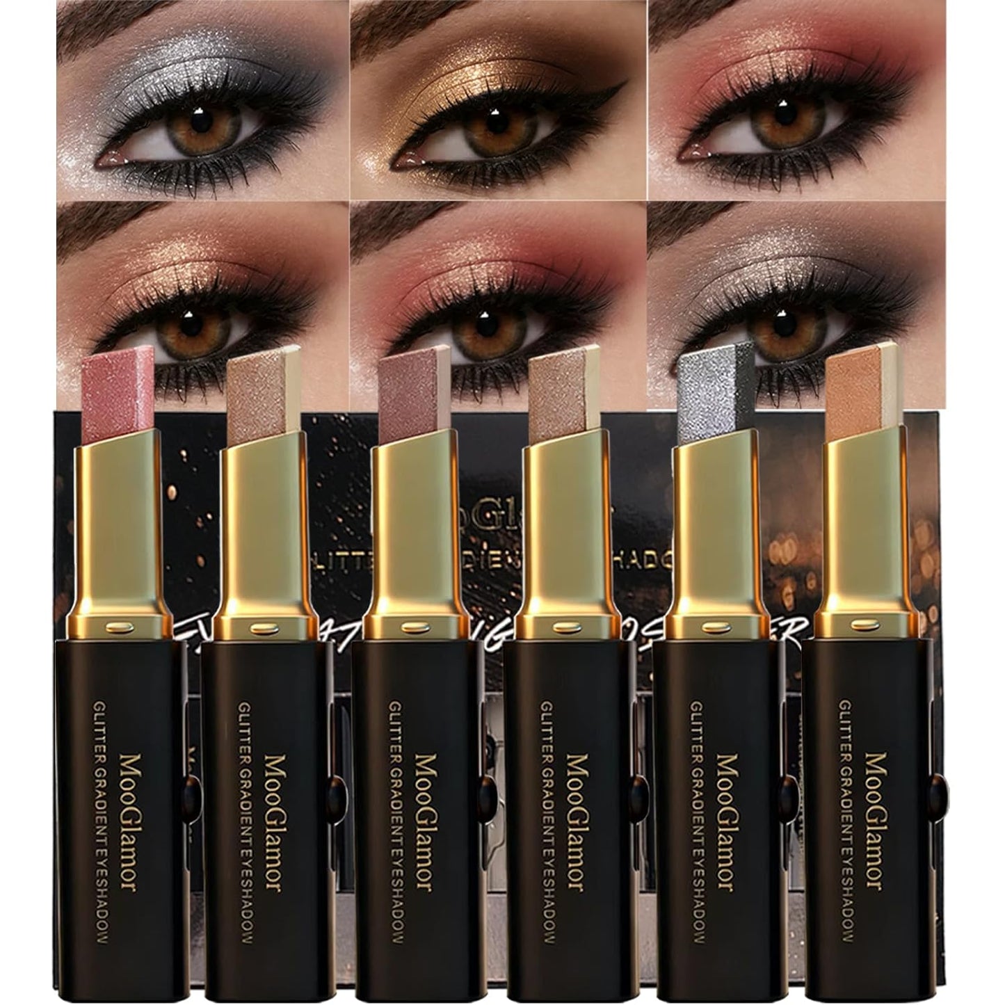 6Pcs Two-Color Waterproof Eyeshadow Stick Shimmery Eye Shadow Set | Glitter Gradient Eyeshadow Pen Smooth Texture Retractable Design Portable for Travel Makeup