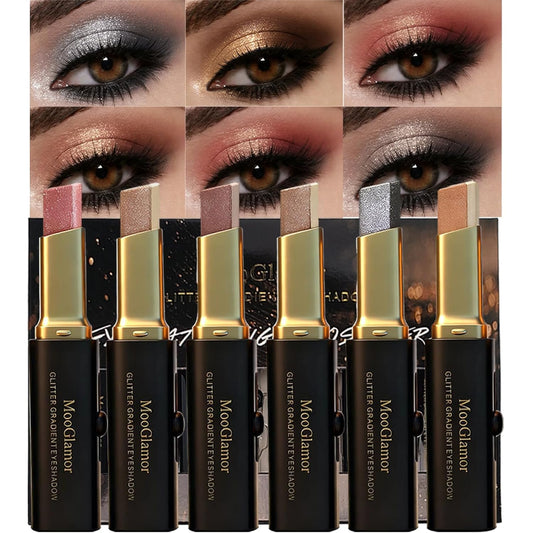 6Pcs Two-Color Waterproof Eyeshadow Stick Shimmery Eye Shadow Set | Glitter Gradient Eyeshadow Pen Smooth Texture Retractable Design Portable for Travel Makeup