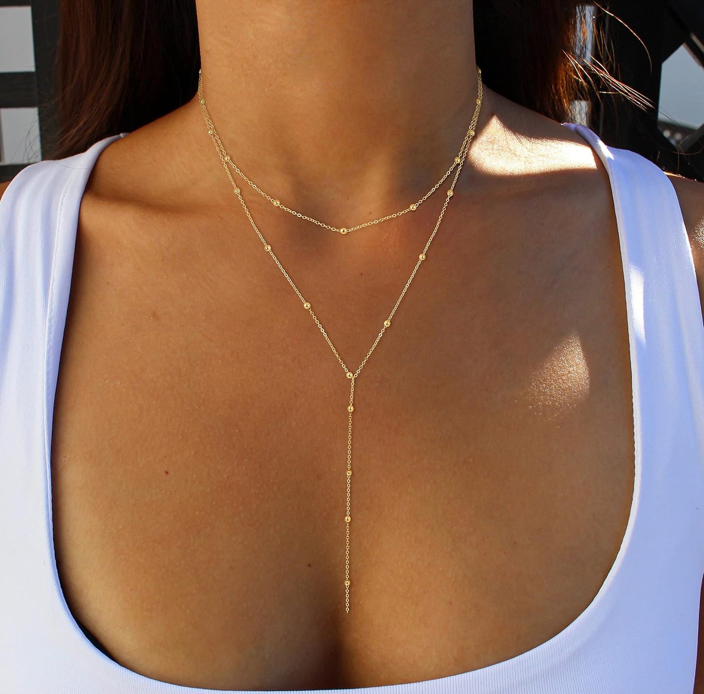 Lariat Gold Necklace for Women, Dainty Long Necklace 14K Gold Plated/Silver Y-Shaped Pendant Necklace Trendy Layered Cz Beaded Chain Drop Necklaces Simple Gold Jewelry for Women Gift