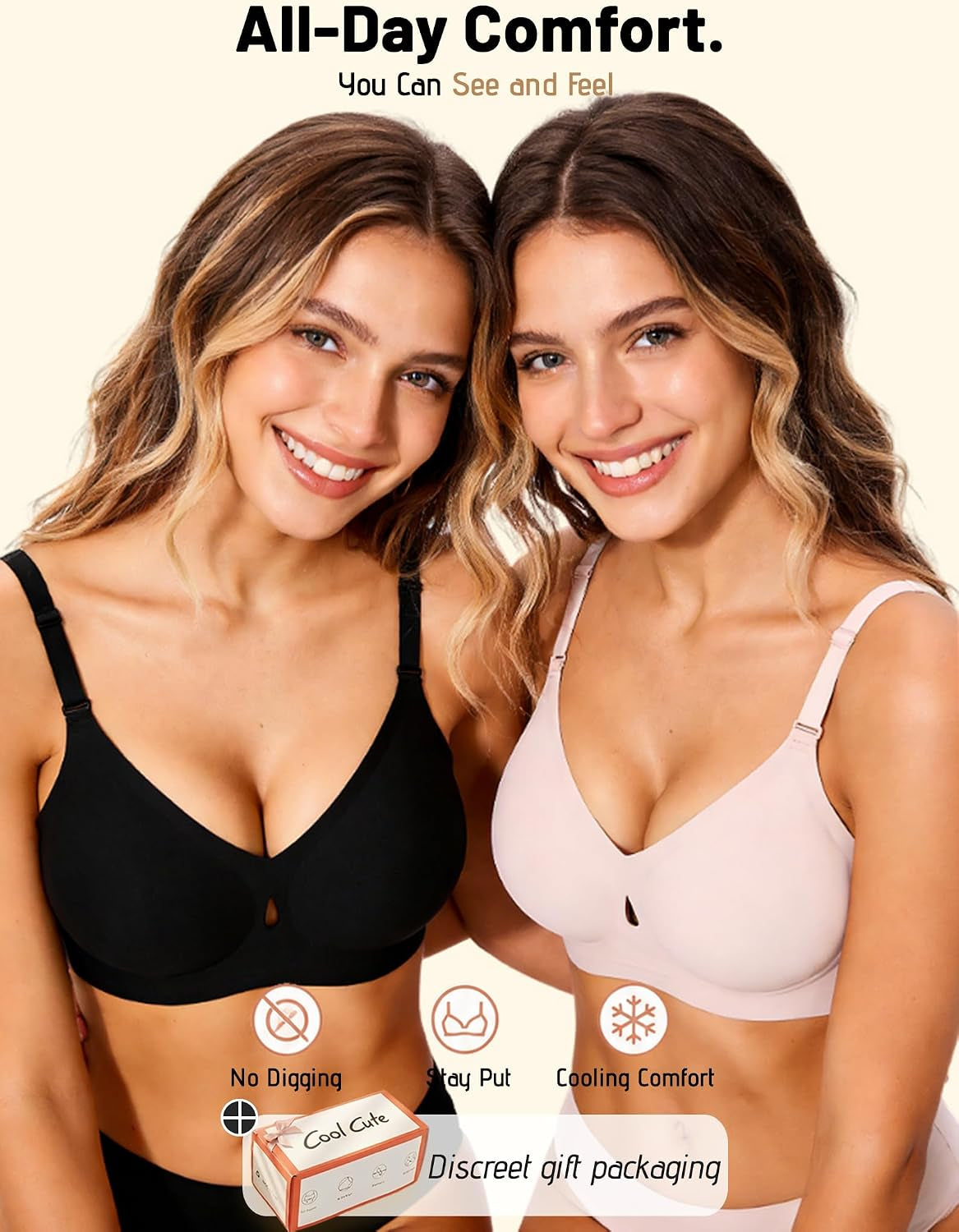 Sexy Jelly Push up Wireless Bras for Women Everyday No Underwire Bralettes | Seamless Gel V Neck T Shirt Full Coverage Minimizer Bras,Buttery Soft Comfort,No Rolling Riding Up,Support Lift All-Day Wear