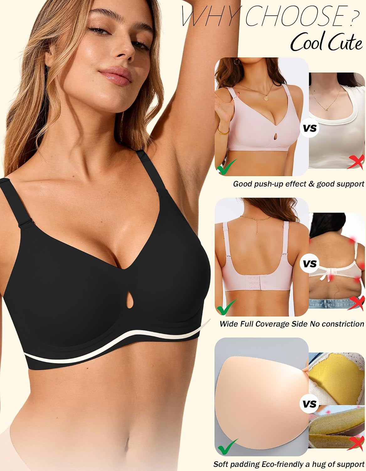 Sexy Jelly Push up Wireless Bras for Women Everyday No Underwire Bralettes | Seamless Gel V Neck T Shirt Full Coverage Minimizer Bras,Buttery Soft Comfort,No Rolling Riding Up,Support Lift All-Day Wear