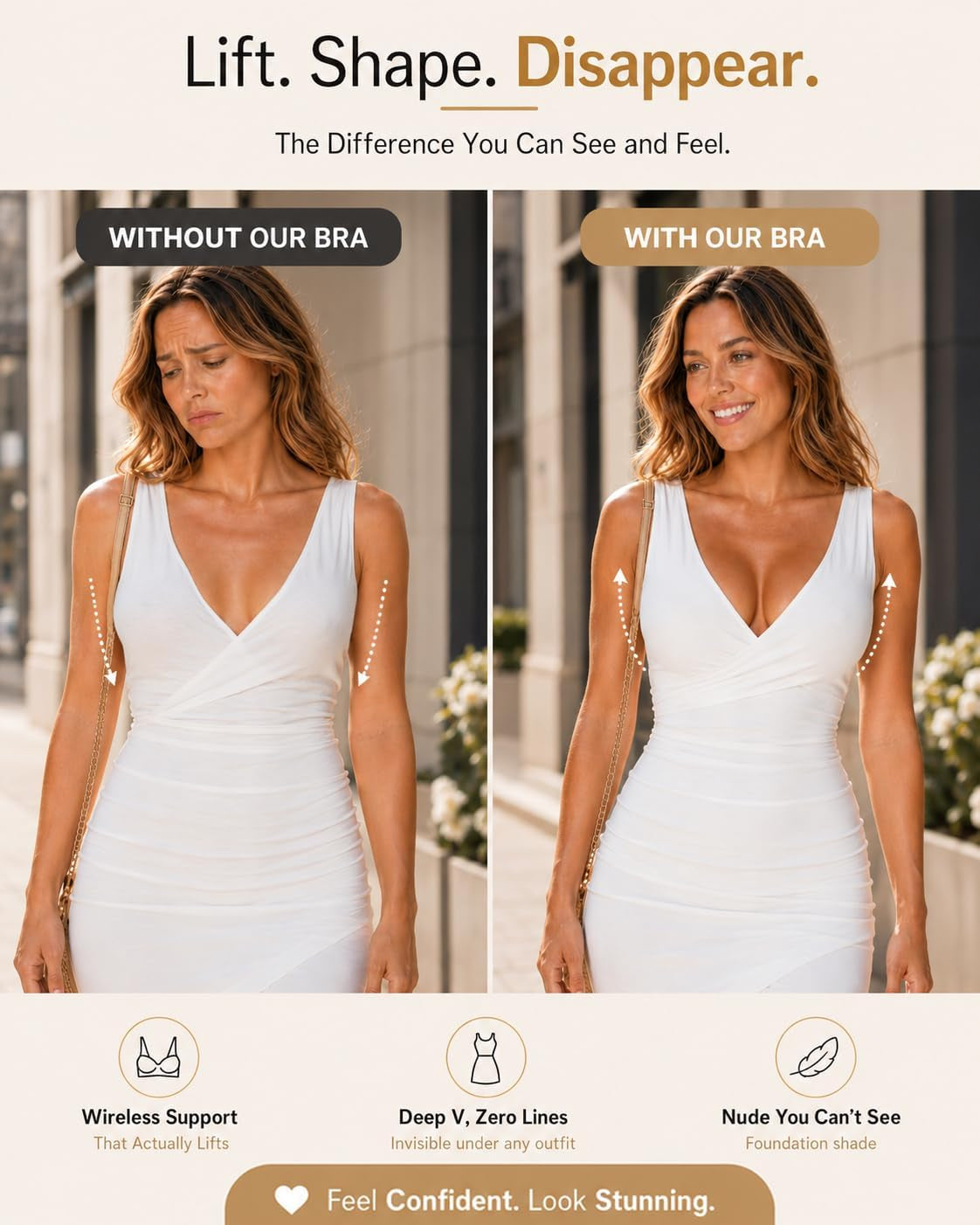 Sexy Jelly Push up Wireless Bras for Women Everyday No Underwire Bralettes | Seamless Gel V Neck T Shirt Full Coverage Minimizer Bras,Buttery Soft Comfort,No Rolling Riding Up,Support Lift All-Day Wear