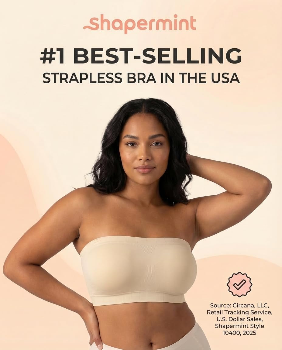 Strapless Bra, No-Slip Wireless Bandeau with Sewn-In Cups | Wireless Bandeau Bra with Silicone Grip, Sewn-In Molded Cups, Reinforced Underbust and Convertible Regular or Clear Straps.