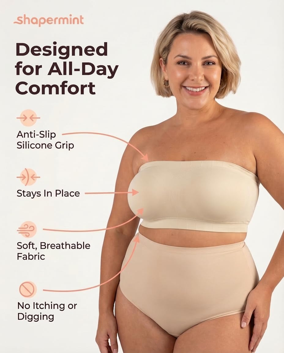 Strapless Bra, No-Slip Wireless Bandeau with Sewn-In Cups | Wireless Bandeau Bra with Silicone Grip, Sewn-In Molded Cups, Reinforced Underbust and Convertible Regular or Clear Straps.