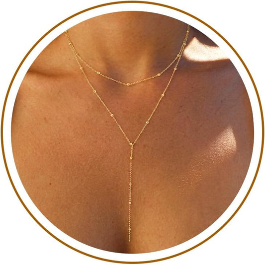 Lariat Gold Necklace for Women, Dainty Long Necklace 14K Gold Plated/Silver Y-Shaped Pendant Necklace Trendy Layered Cz Beaded Chain Drop Necklaces Simple Gold Jewelry for Women Gift