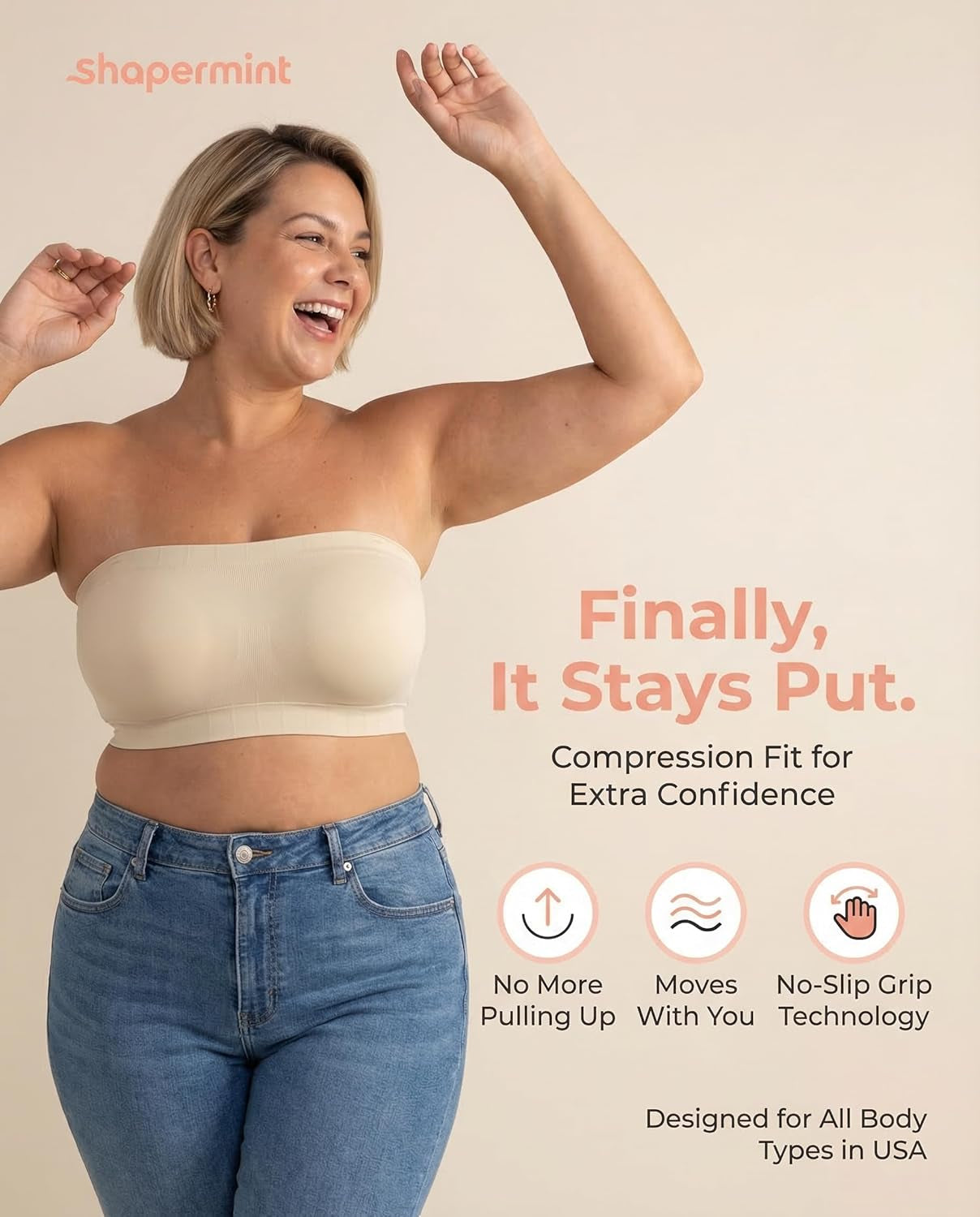 Strapless Bra, No-Slip Wireless Bandeau with Sewn-In Cups | Wireless Bandeau Bra with Silicone Grip, Sewn-In Molded Cups, Reinforced Underbust and Convertible Regular or Clear Straps.