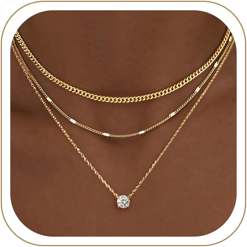 Layered Gold Necklaces for Women, 14K Gold Sterling Silver Plated Dainty Pendant Necklace Set Non Tarnish, Chunky Stackable Cuban Chain Choker, Trendy Birthstone Vacation Jewelry Gift