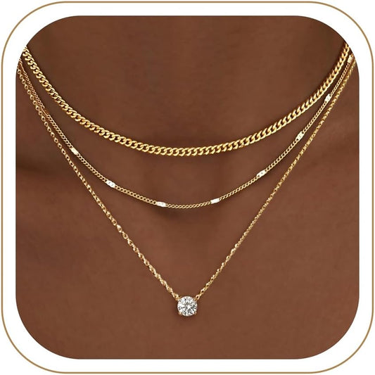 Layered Gold Necklaces for Women, 14K Gold Sterling Silver Plated Dainty Pendant Necklace Set Non Tarnish, Chunky Stackable Cuban Chain Choker, Trendy Birthstone Vacation Jewelry Gift