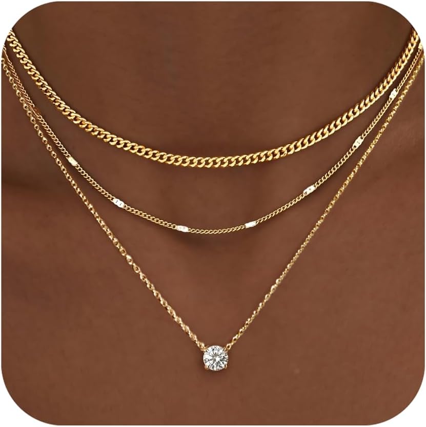 Layered Gold Necklaces for Women, 14K Gold Sterling Silver Plated Dainty Pendant Necklace Set Non Tarnish, Chunky Stackable Cuban Chain Choker, Trendy Birthstone Vacation Jewelry Gift