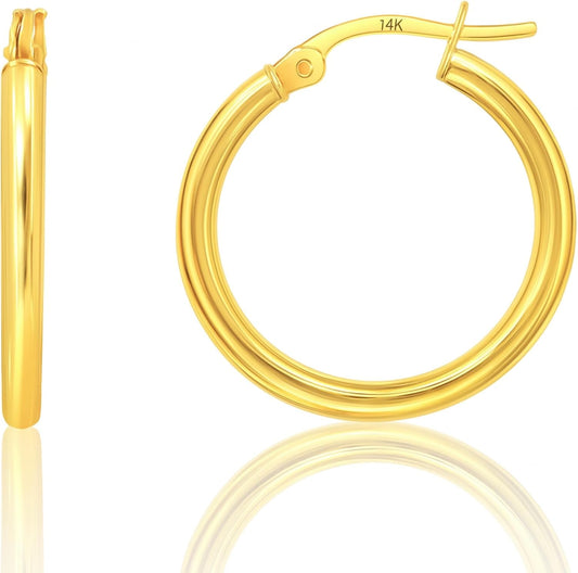 10K or 14K Gold Hoop Earrings for Women | Hypoallergenic Small to Large 12MM to 50MM Hoop Earrings with Secure Click Tops | Yellow or White Gold Classic Hoops in 2MM Thick Tube by