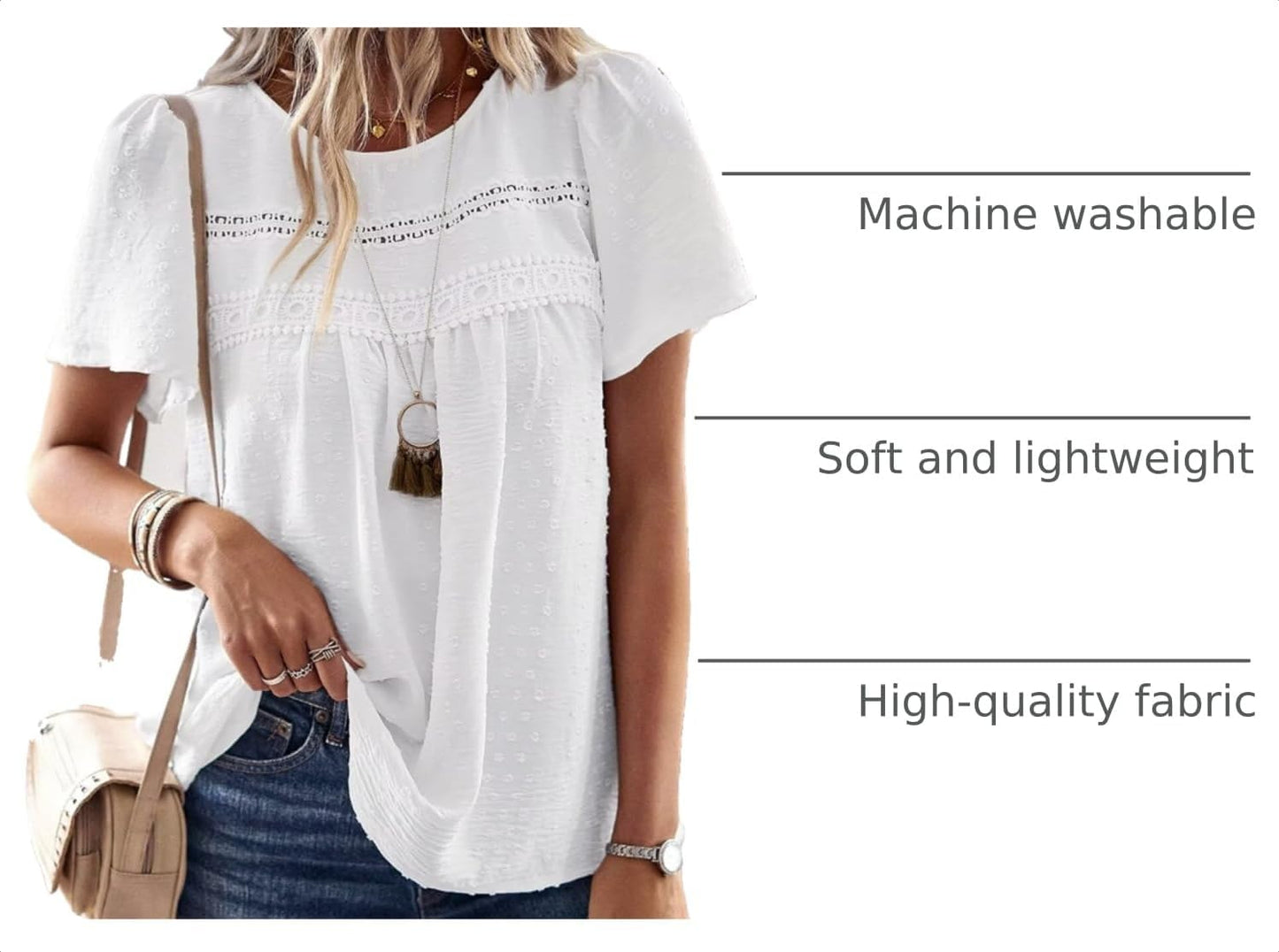 Womens Summer Tops Crewneck Short Sleeve Shirts Casual Chiffon Blouses Flowy Lace Hem Boho Clothing Trendy 2026