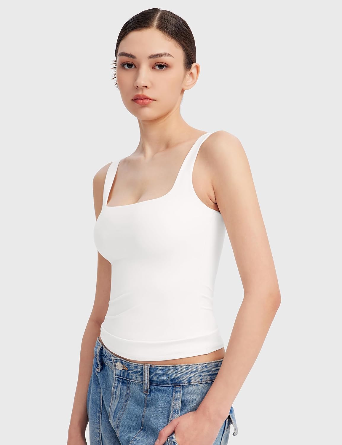 Women'S Square Neck Tank Top Sleeveless Double Lined Basic Tops Sharp Collection