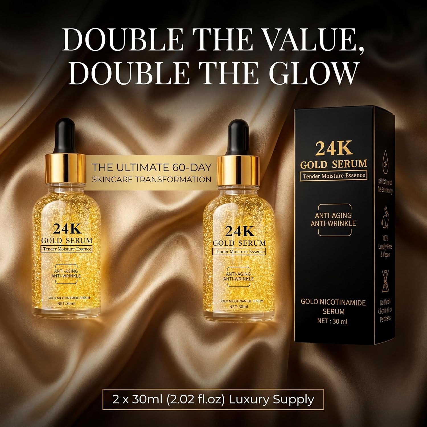 24K Gold Serum for Face, 2-Pack Anti-Aging Moisturizer with Vitamins, Collagen Booster Serum & Hyaluronic Acid for Fine Lines & Firming, 2.02 Fl Oz