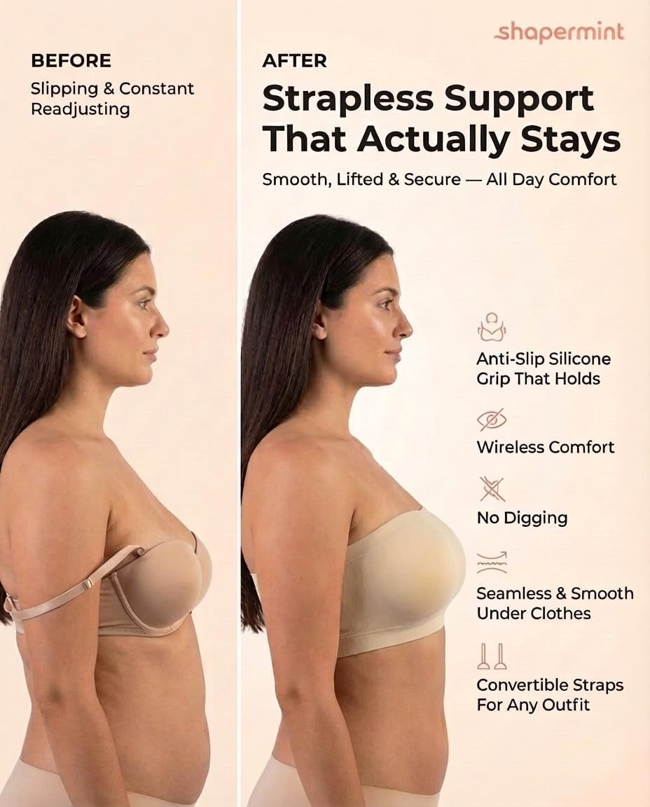 Strapless Bra, No-Slip Wireless Bandeau with Sewn-In Cups | Wireless Bandeau Bra with Silicone Grip, Sewn-In Molded Cups, Reinforced Underbust and Convertible Regular or Clear Straps.