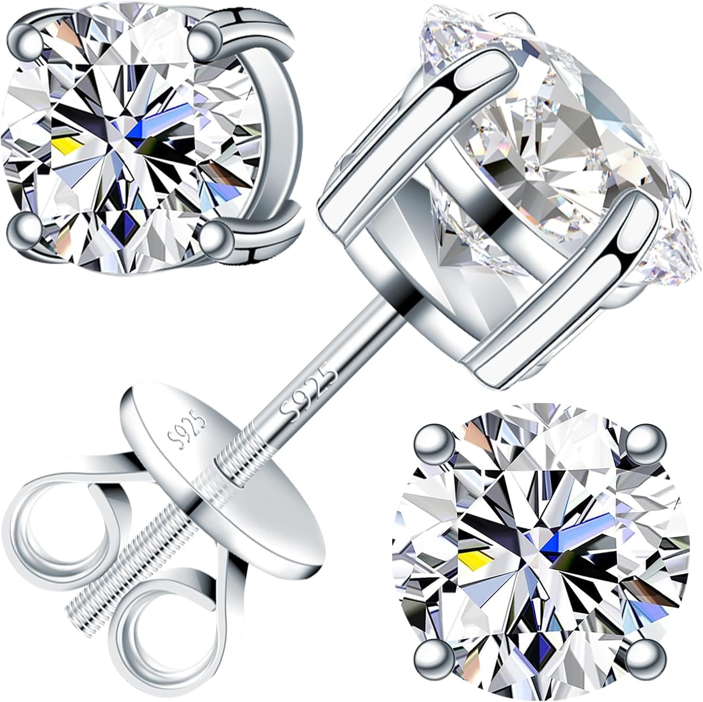 Moissanite Earrings for Men Women, 0.2Ct-3.0Ct Men 925 Sterling Silver Earrings, round Cut Diamond Stud Earrings for Women