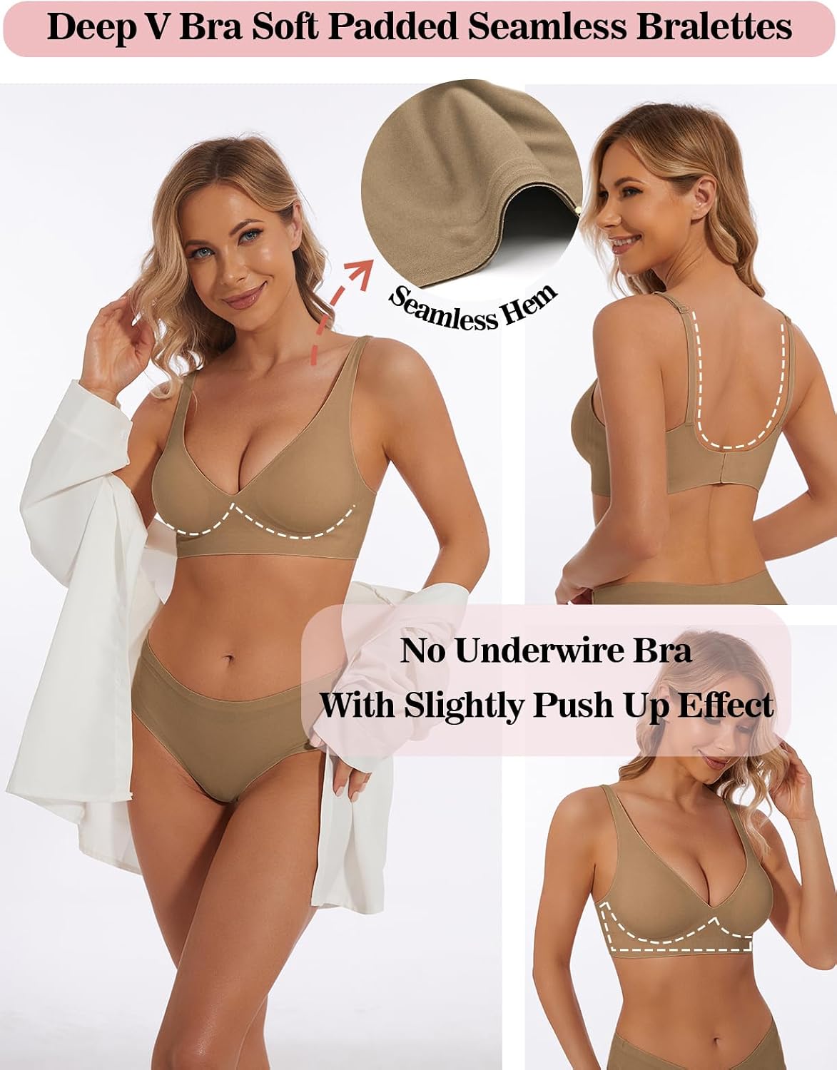 Deep V Bra Wireless Sexy Push up Bralette Padded Seamless Jelly Bra | Low Cut Plunge V-Neck, Wide Straps, Back Smoothing, Bras for Women No Underwire, Soft Comfortable Bralettes