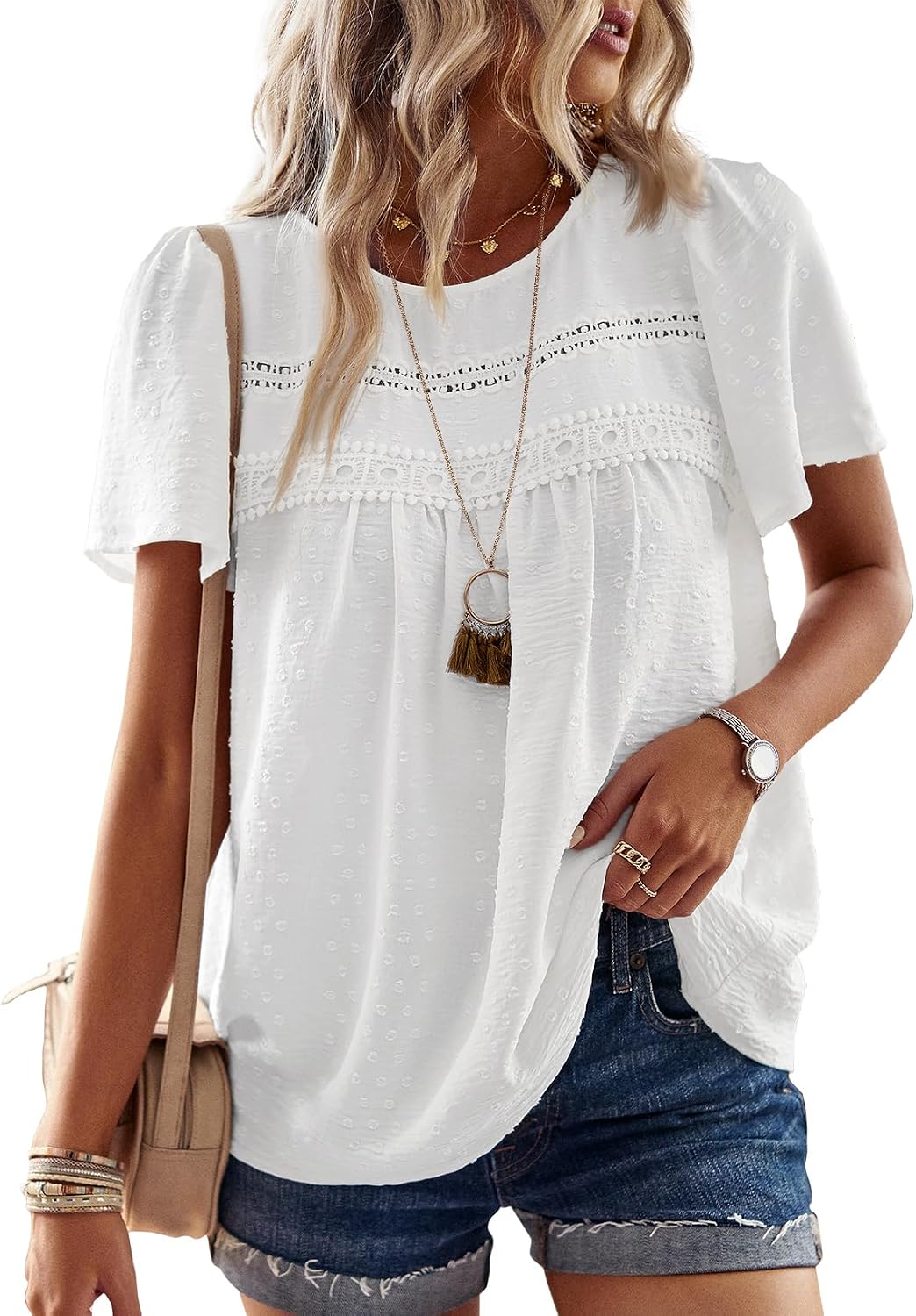 Womens Summer Tops Crewneck Short Sleeve Shirts Casual Chiffon Blouses Flowy Lace Hem Boho Clothing Trendy 2026