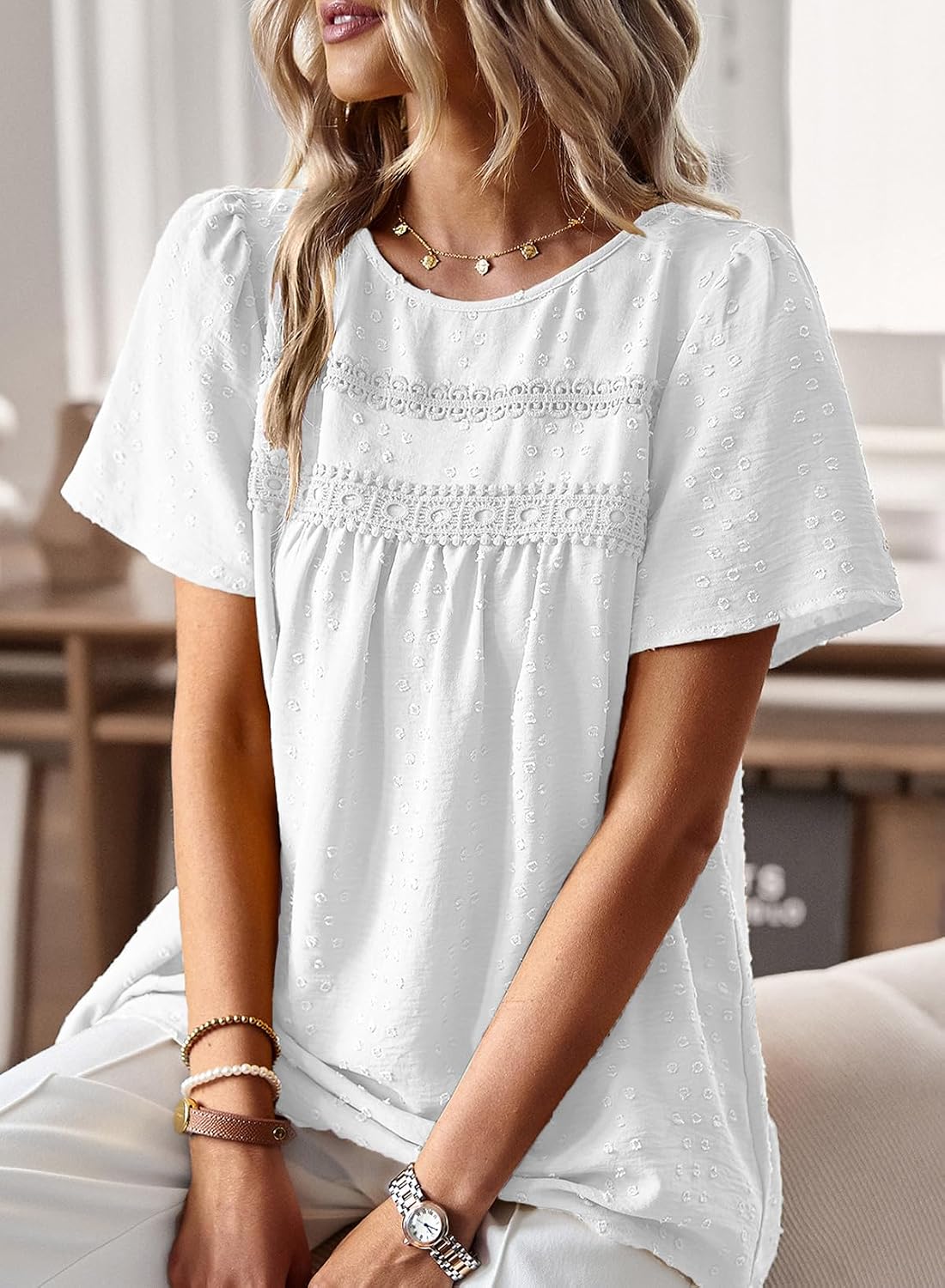 Womens Summer Tops Crewneck Short Sleeve Shirts Casual Chiffon Blouses Flowy Lace Hem Boho Clothing Trendy 2026