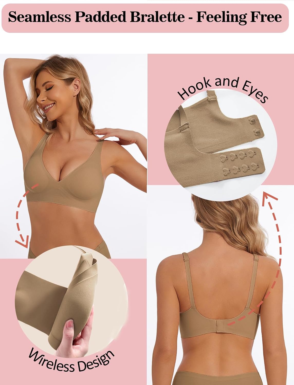Deep V Bra Wireless Sexy Push up Bralette Padded Seamless Jelly Bra | Low Cut Plunge V-Neck, Wide Straps, Back Smoothing, Bras for Women No Underwire, Soft Comfortable Bralettes