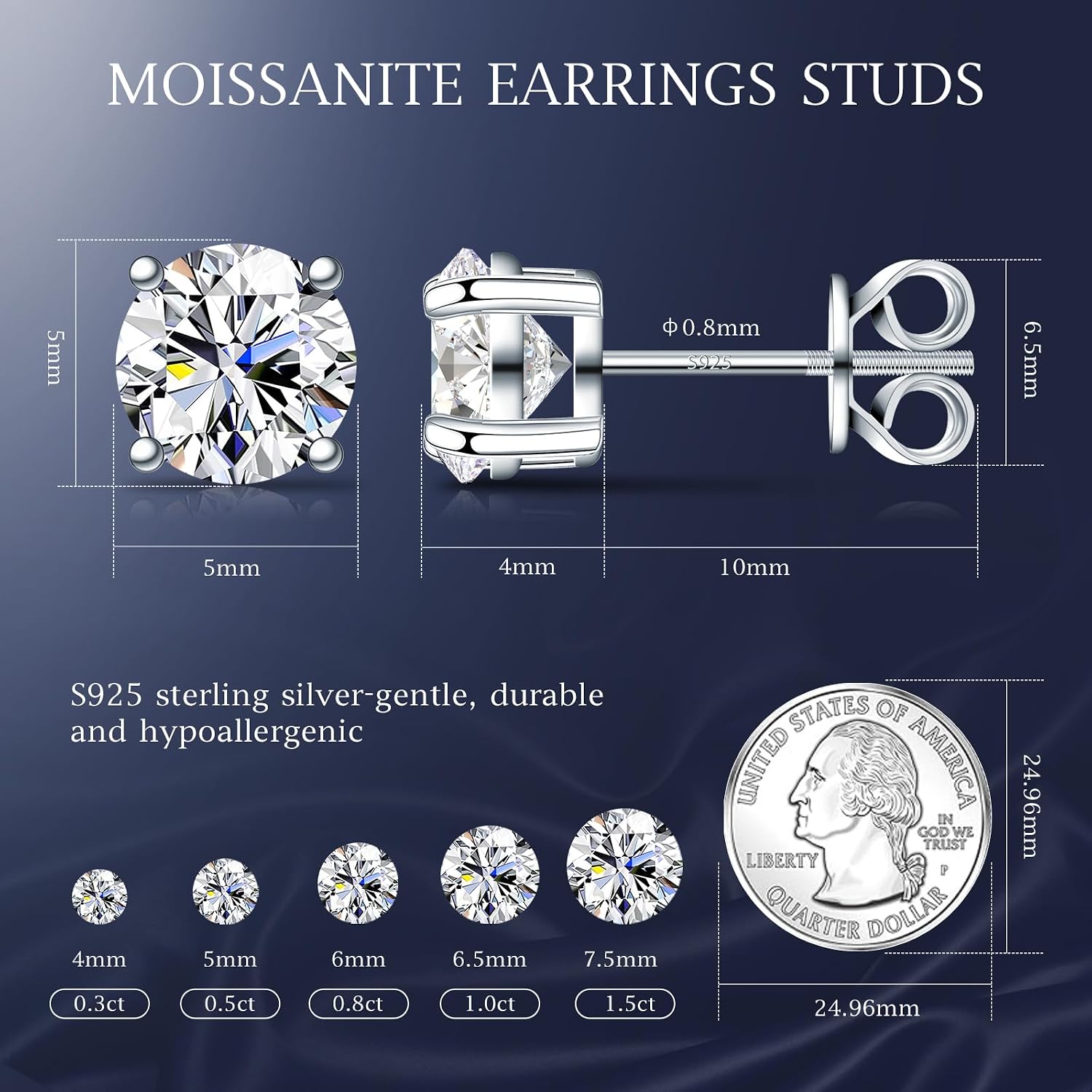 Moissanite Earrings for Men Women, 0.2Ct-3.0Ct Men 925 Sterling Silver Earrings, round Cut Diamond Stud Earrings for Women