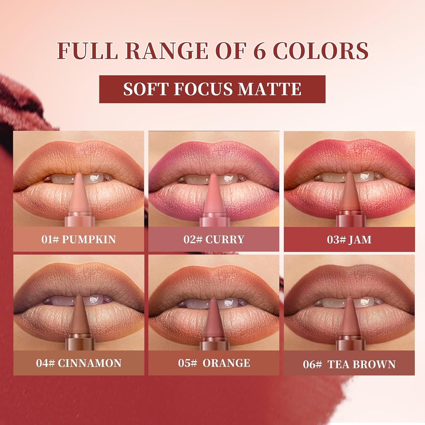 6 Pcs Gradient Lip Liner and Lipstick Combo Set - 2-In-1 Ombre Lipstick & Brown Lip Liner Duo - Waterproof, Long-Lasting, Matte Finish - Smudge-Proof, Full Coverage Lip Kit for Fuller & Plumper Lips
