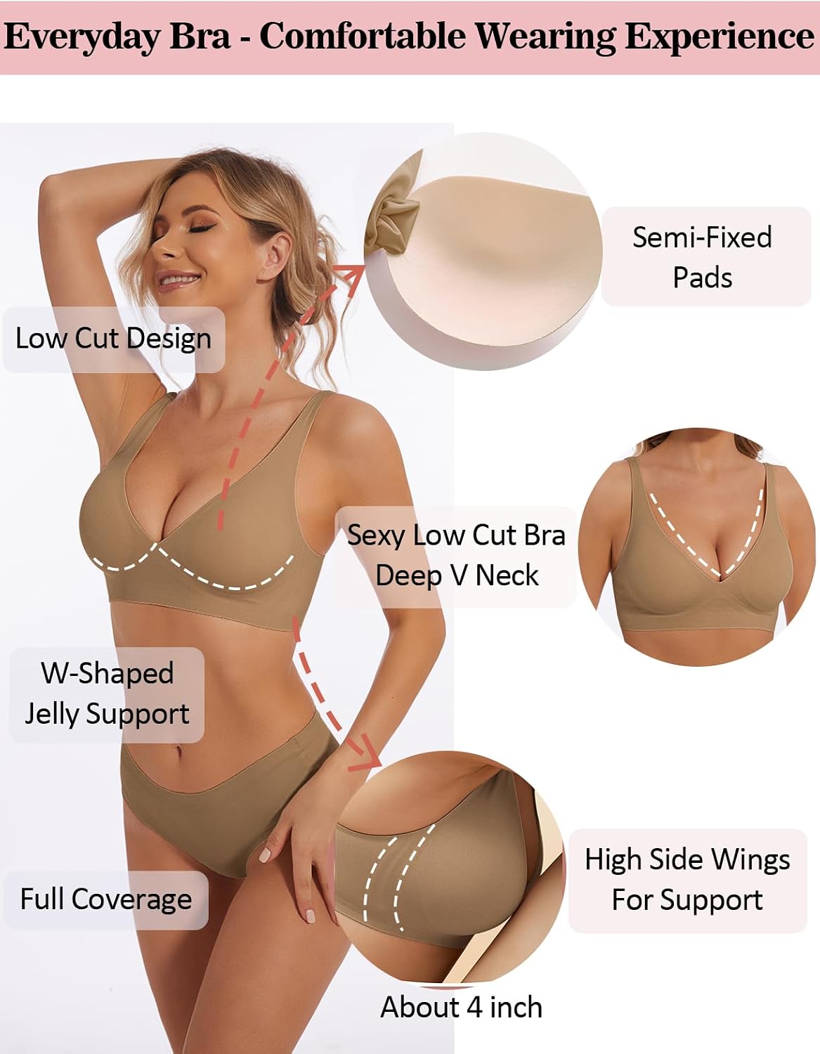 Deep V Bra Wireless Sexy Push up Bralette Padded Seamless Jelly Bra | Low Cut Plunge V-Neck, Wide Straps, Back Smoothing, Bras for Women No Underwire, Soft Comfortable Bralettes