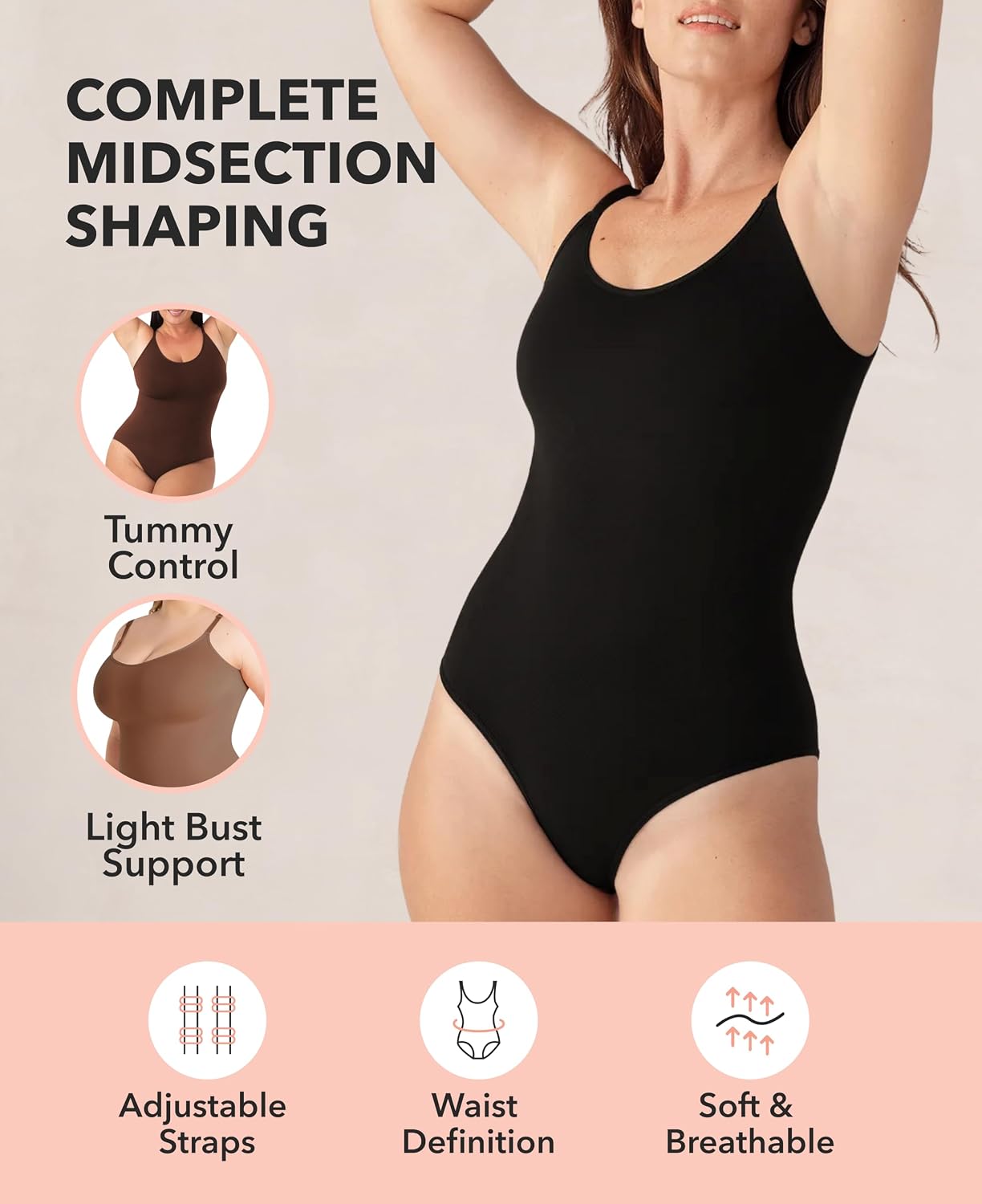 Thong Bodysuit & Brief, Tummy Control Shapewear for Women | Seamless Scoop Neck Bodysuit with 360° Tummy and Back Smoothing, Adjustable Straps and Gusset Closure; Choose Brief or Thong.