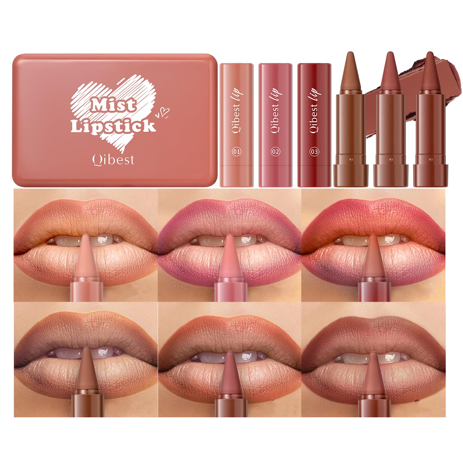 6 Pcs Gradient Lip Liner and Lipstick Combo Set - 2-In-1 Ombre Lipstick & Brown Lip Liner Duo - Waterproof, Long-Lasting, Matte Finish - Smudge-Proof, Full Coverage Lip Kit for Fuller & Plumper Lips