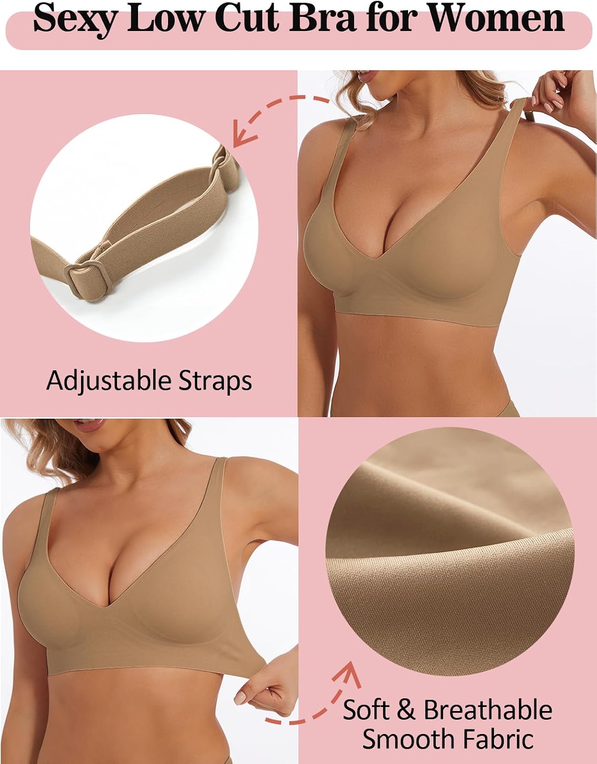 Deep V Bra Wireless Sexy Push up Bralette Padded Seamless Jelly Bra | Low Cut Plunge V-Neck, Wide Straps, Back Smoothing, Bras for Women No Underwire, Soft Comfortable Bralettes