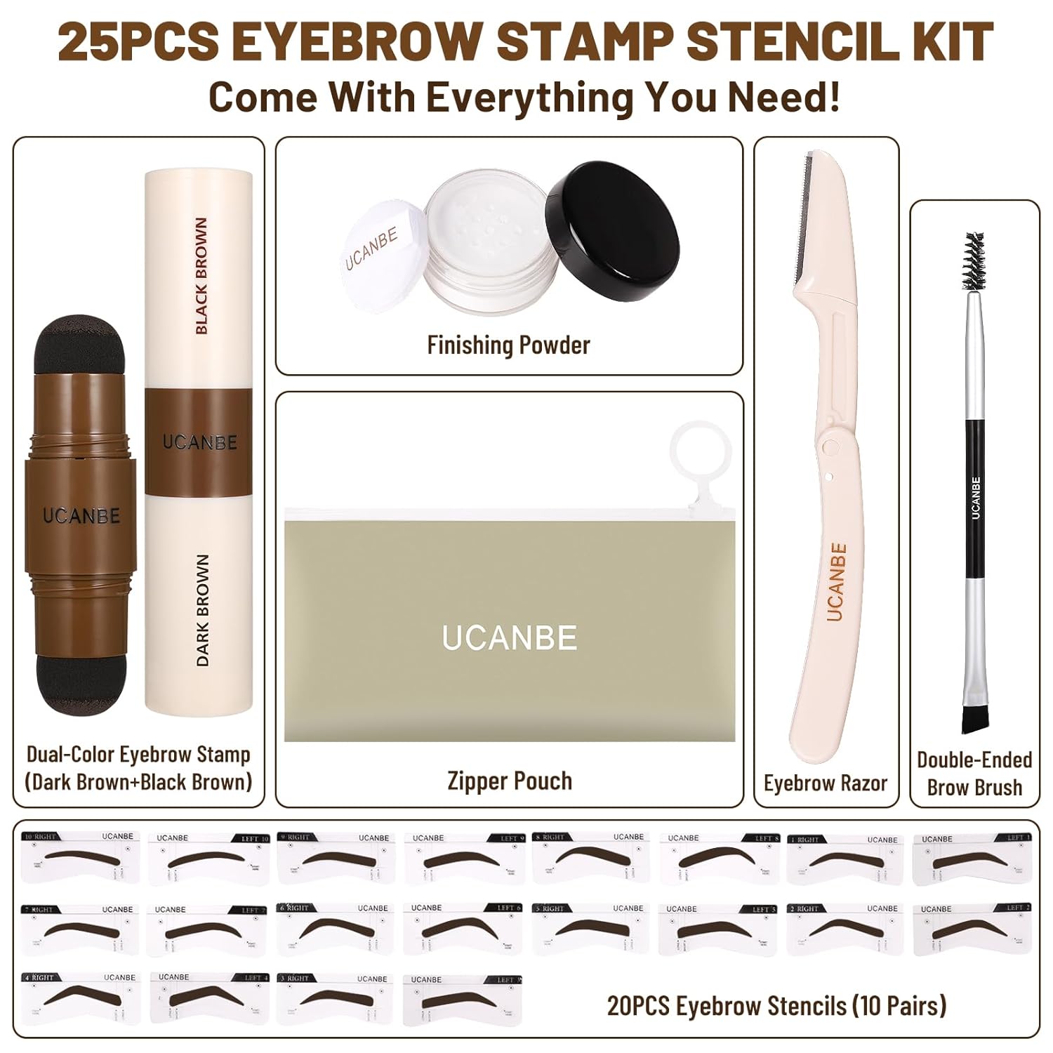 25PCS Eyebrow Stamp Stencil Kit with Dual-Color Eyebrow Stamp Pomade,20 Reusable Eyebrow Stencils,Finising Powder,Brush,Eyebrow Razor,Zipper Pouch,Waterproof Eye Brow Stamping and Shaping Kit04