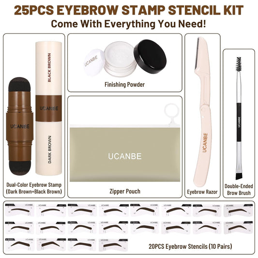 25PCS Eyebrow Stamp Stencil Kit with Dual-Color Eyebrow Stamp Pomade,20 Reusable Eyebrow Stencils,Finising Powder,Brush,Eyebrow Razor,Zipper Pouch,Waterproof Eye Brow Stamping and Shaping Kit04