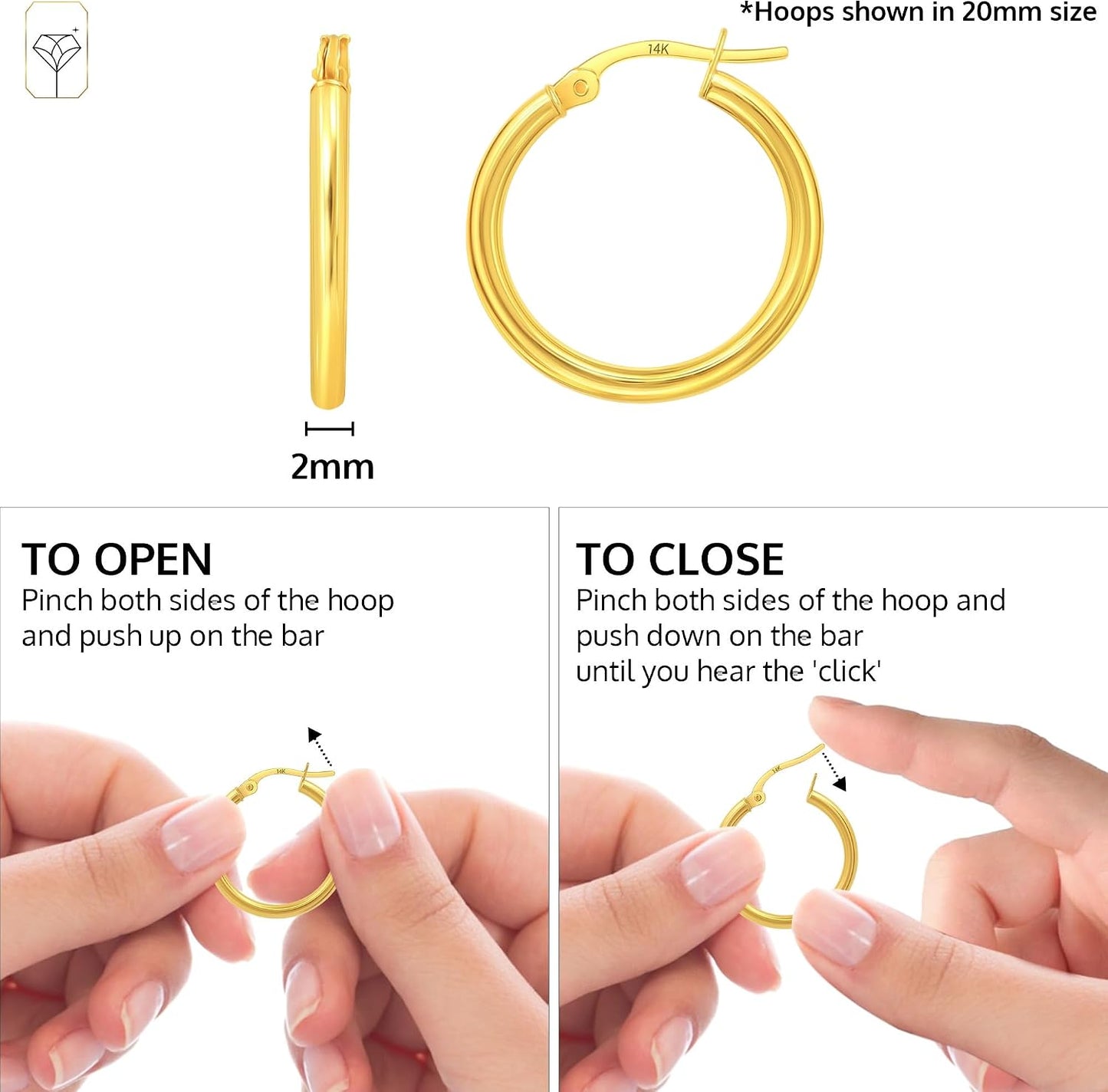 10K or 14K Gold Hoop Earrings for Women | Hypoallergenic Small to Large 12MM to 50MM Hoop Earrings with Secure Click Tops | Yellow or White Gold Classic Hoops in 2MM Thick Tube by