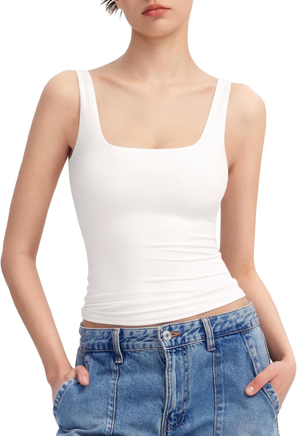 Women'S Square Neck Tank Top Sleeveless Double Lined Basic Tops Sharp Collection
