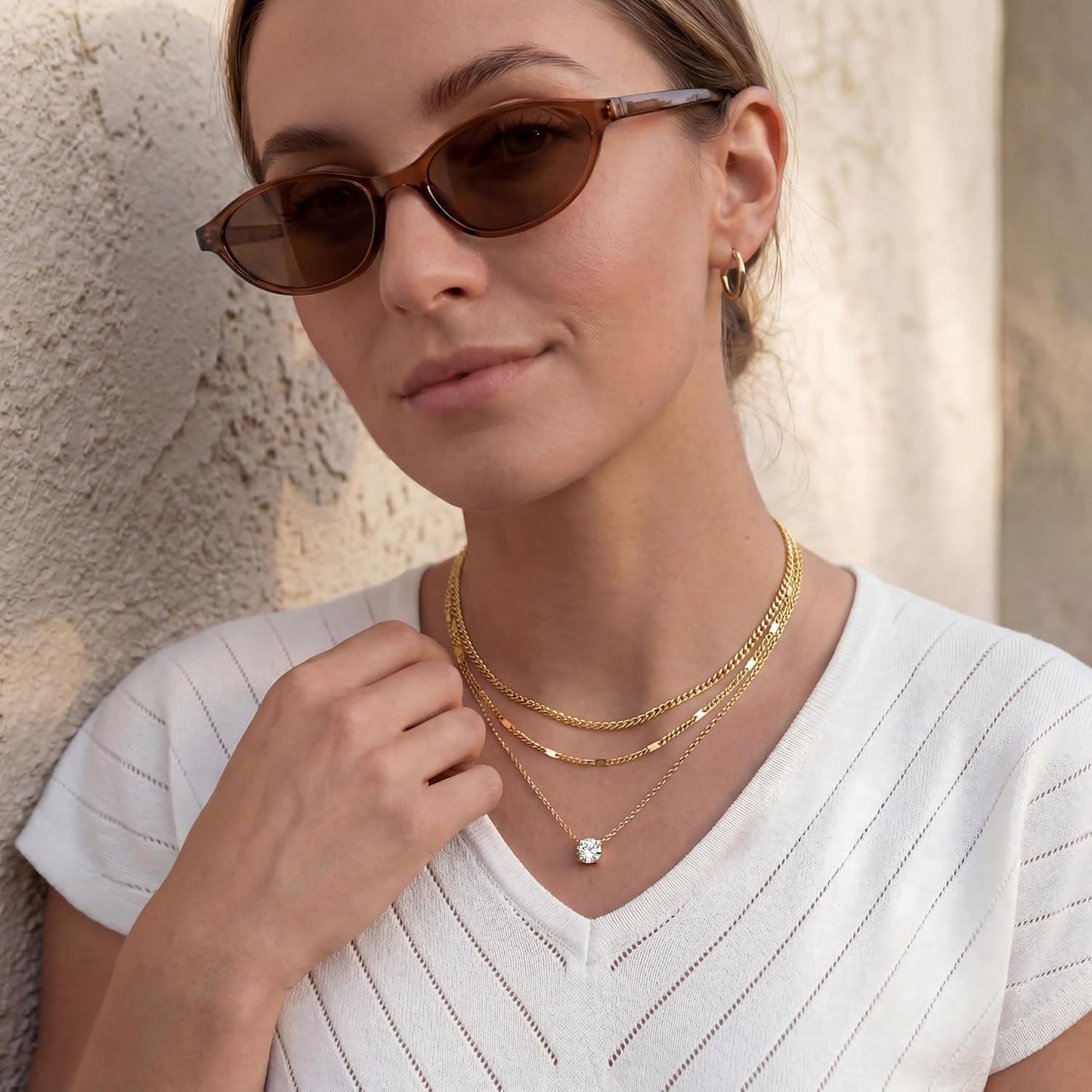 Layered Gold Necklaces for Women, 14K Gold Sterling Silver Plated Dainty Pendant Necklace Set Non Tarnish, Chunky Stackable Cuban Chain Choker, Trendy Birthstone Vacation Jewelry Gift