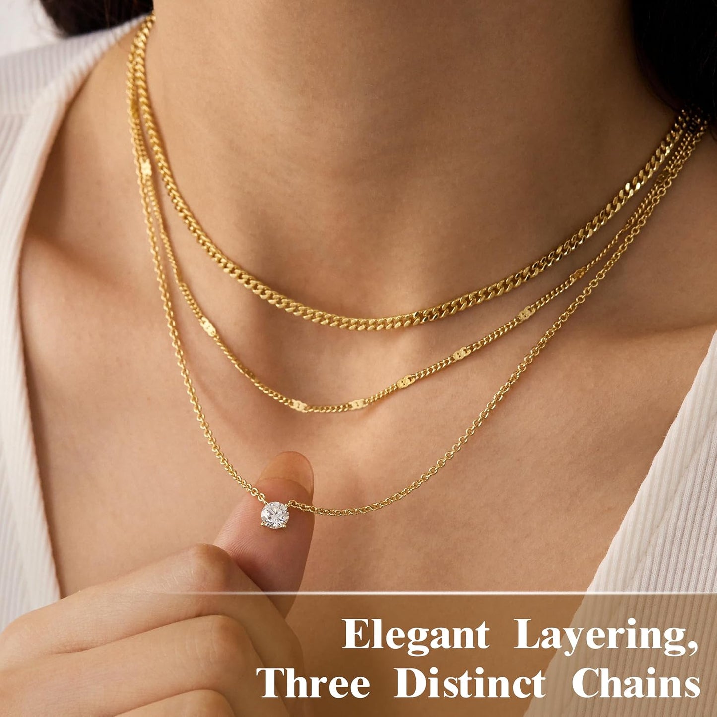 Layered Gold Necklaces for Women, 14K Gold Sterling Silver Plated Dainty Pendant Necklace Set Non Tarnish, Chunky Stackable Cuban Chain Choker, Trendy Birthstone Vacation Jewelry Gift