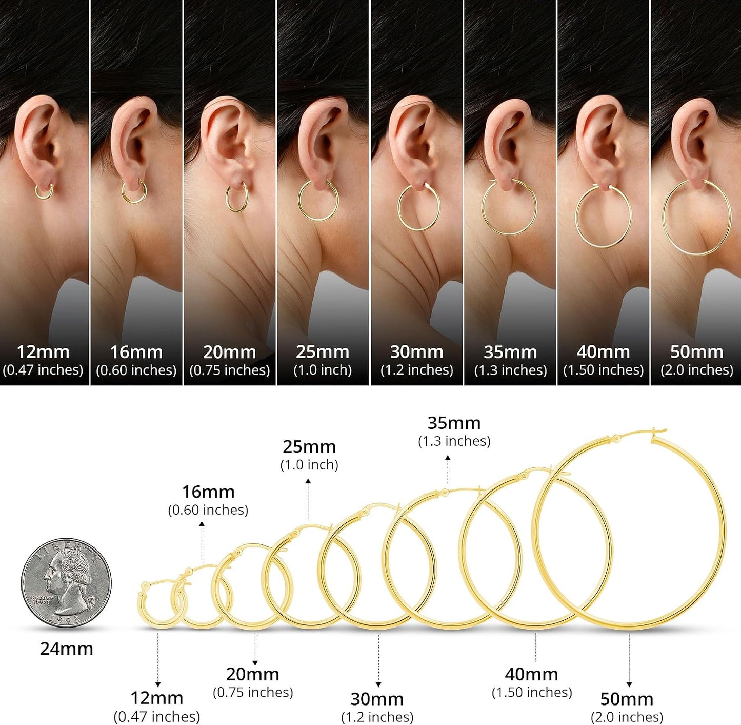 10K or 14K Gold Hoop Earrings for Women | Hypoallergenic Small to Large 12MM to 50MM Hoop Earrings with Secure Click Tops | Yellow or White Gold Classic Hoops in 2MM Thick Tube by