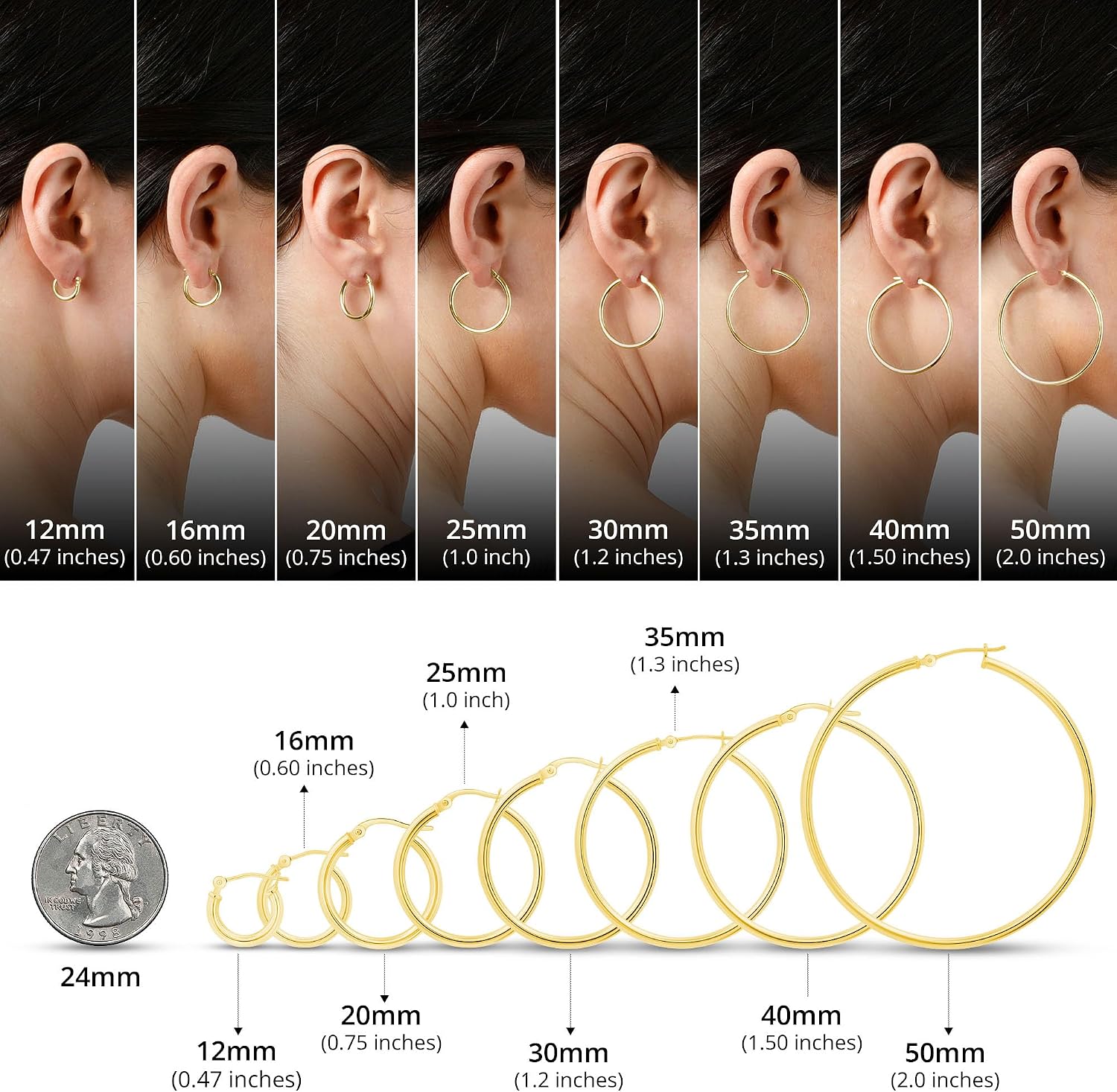 10K or 14K Gold Hoop Earrings for Women | Hypoallergenic Small to Large 12MM to 50MM Hoop Earrings with Secure Click Tops | Yellow or White Gold Classic Hoops in 2MM Thick Tube by