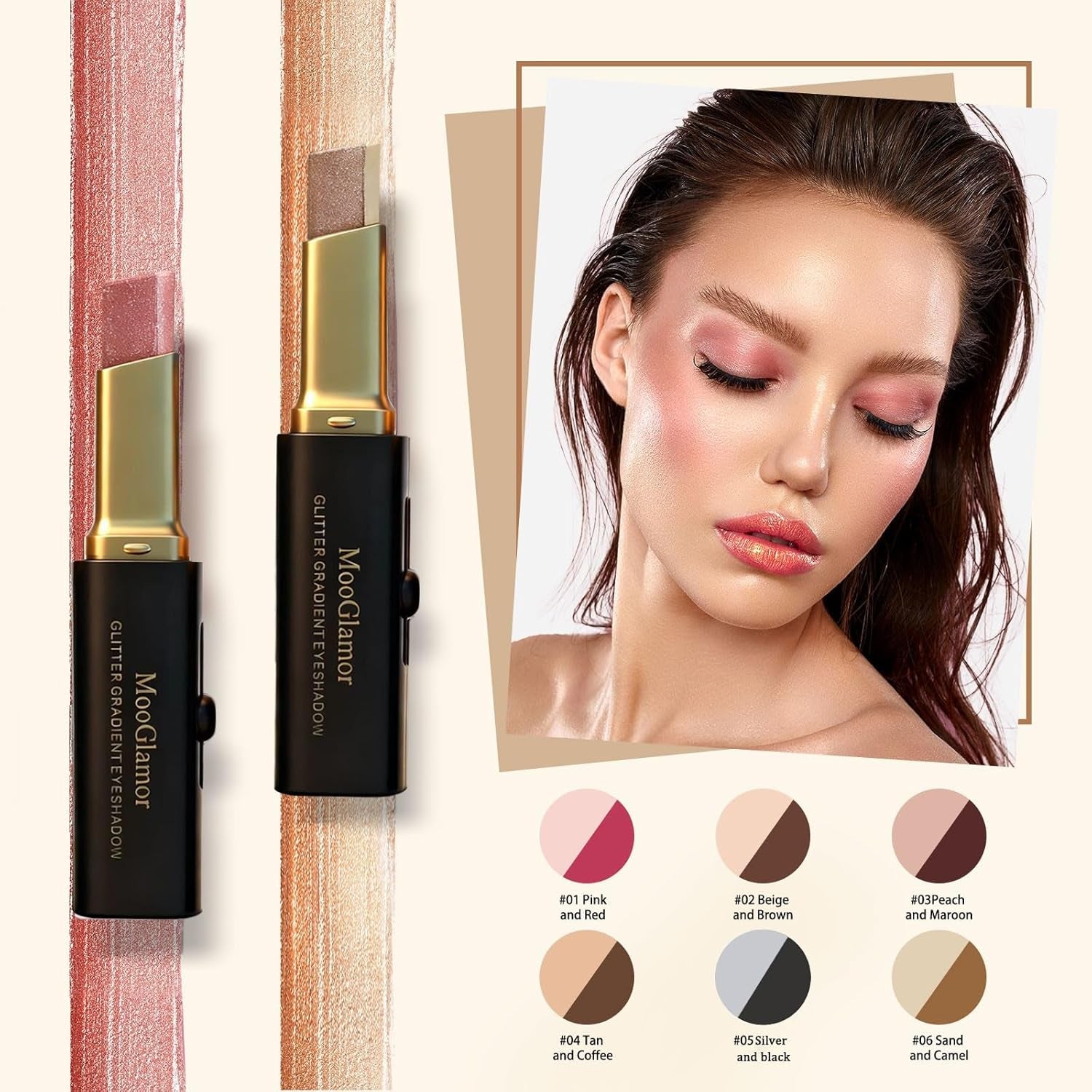 6Pcs Two-Color Waterproof Eyeshadow Stick Shimmery Eye Shadow Set | Glitter Gradient Eyeshadow Pen Smooth Texture Retractable Design Portable for Travel Makeup