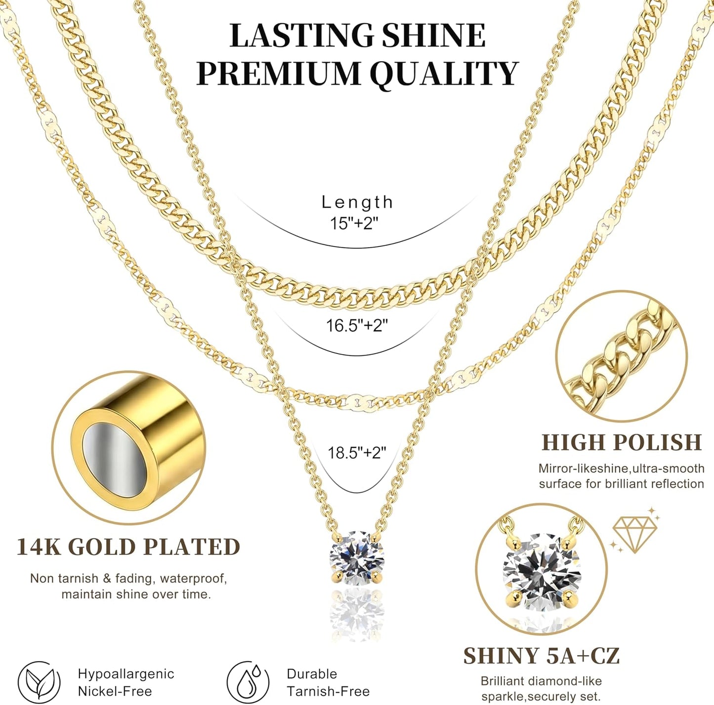 Layered Gold Necklaces for Women, 14K Gold Sterling Silver Plated Dainty Pendant Necklace Set Non Tarnish, Chunky Stackable Cuban Chain Choker, Trendy Birthstone Vacation Jewelry Gift