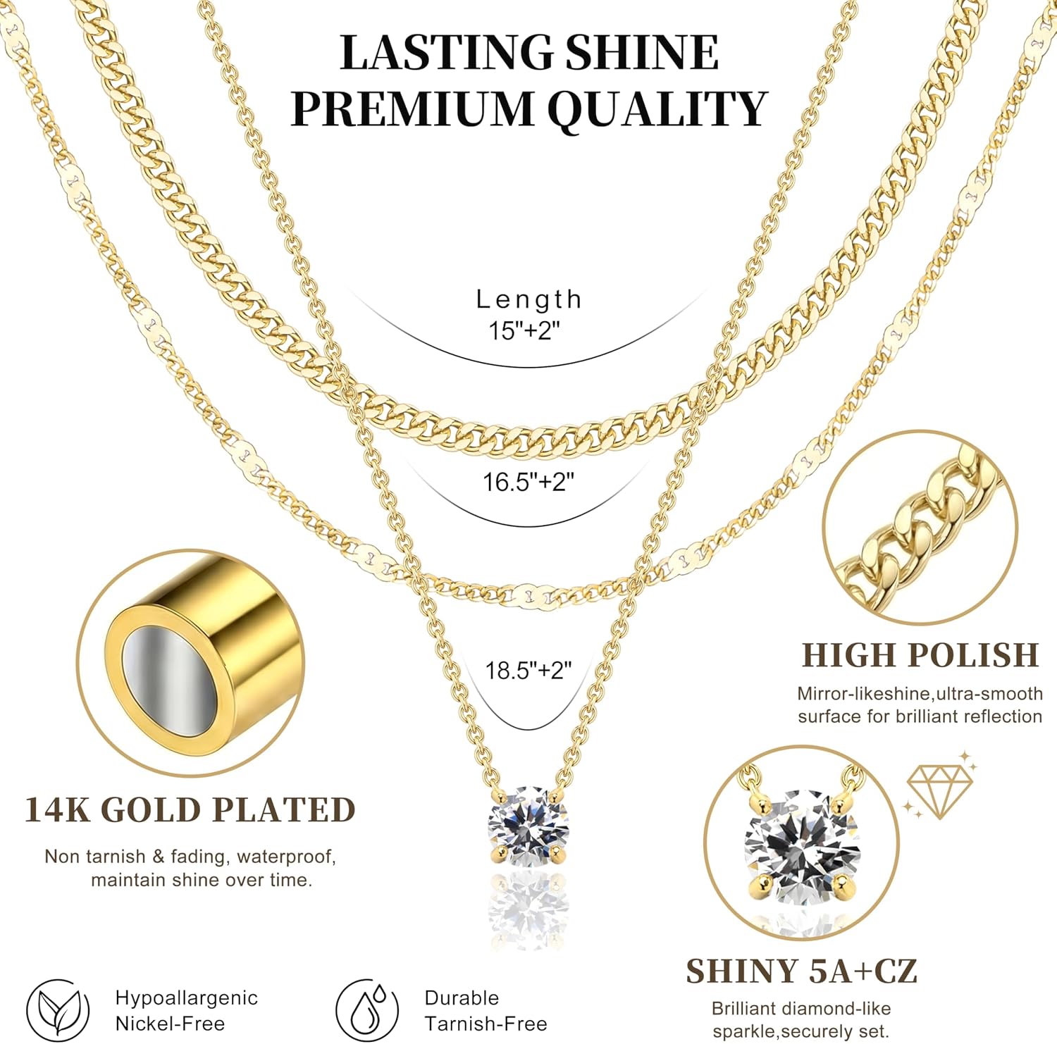 Layered Gold Necklaces for Women, 14K Gold Sterling Silver Plated Dainty Pendant Necklace Set Non Tarnish, Chunky Stackable Cuban Chain Choker, Trendy Birthstone Vacation Jewelry Gift