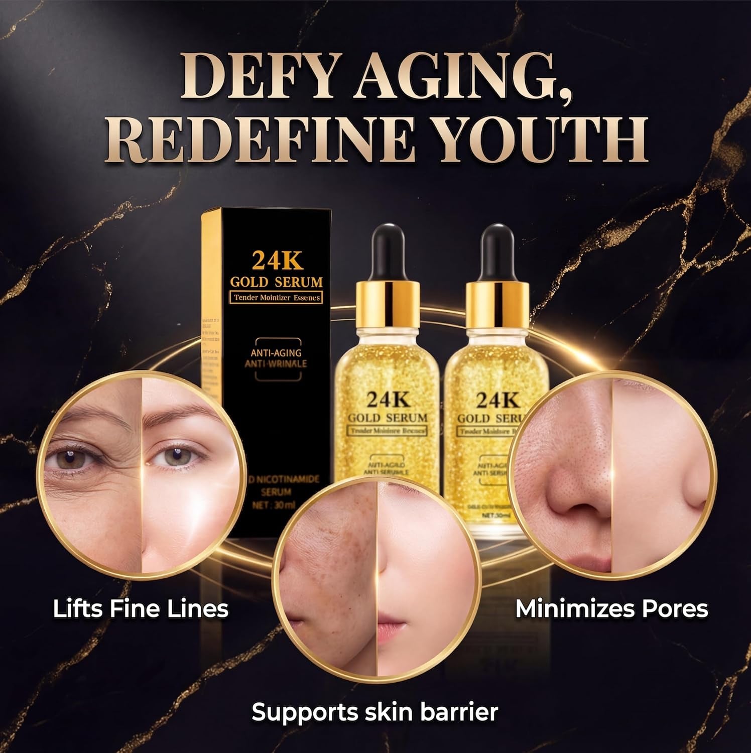 24K Gold Serum for Face, 2-Pack Anti-Aging Moisturizer with Vitamins, Collagen Booster Serum & Hyaluronic Acid for Fine Lines & Firming, 2.02 Fl Oz