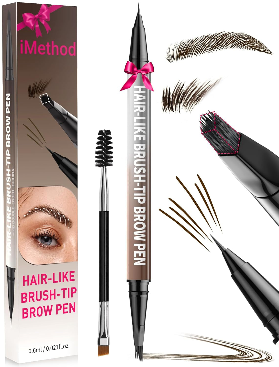 Eyebrow Pen - Eyebrow Pencil,2-In-1 Eyeliner Dual-Ended Brush-Tip Microblading 4D Eyebrow Pencils for Women,Long Lasting Waterproof Hair-Like Brow Pencil,With Eyebrow Brush,Darkbrown