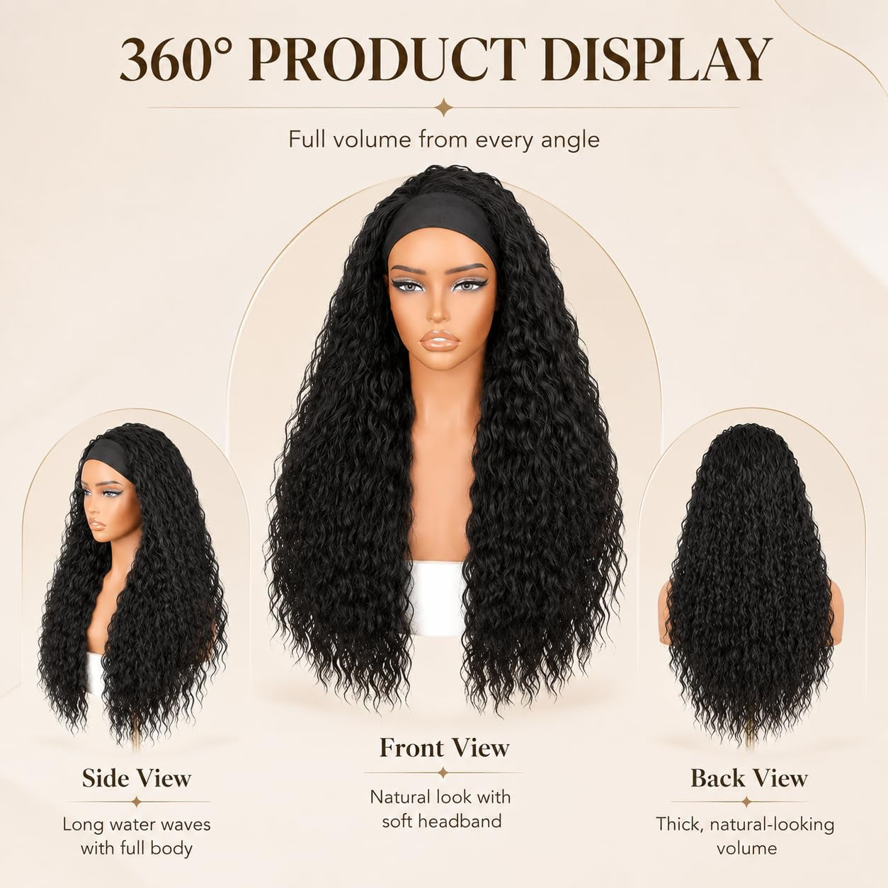 New Headband Wigs for Black Women Wet and Wavy Headband Wig Curly Wave Synthetic Wigs Glueless Heat Resistant Long Wigs for Daily Party Use (24 Inches)