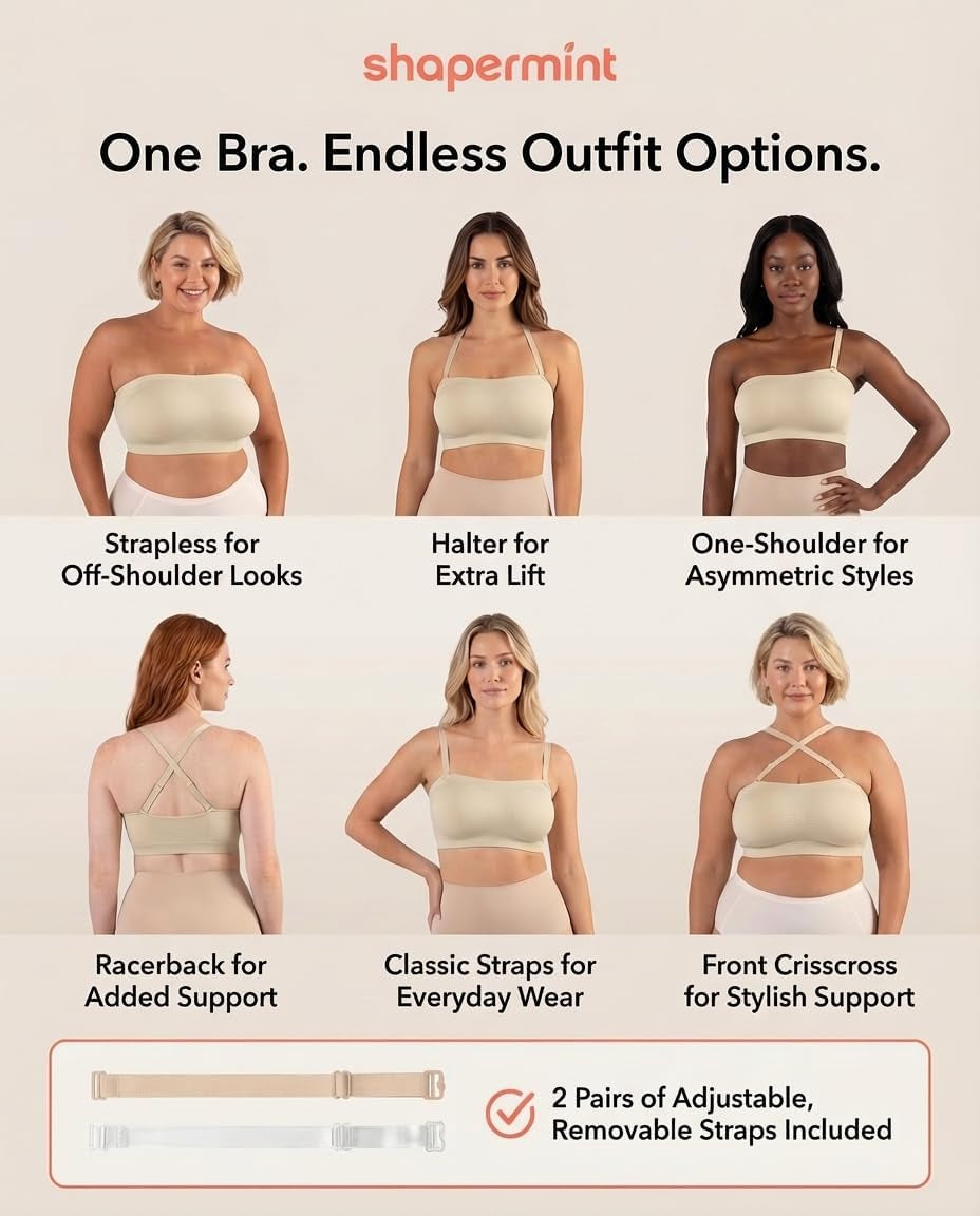 Strapless Bra, No-Slip Wireless Bandeau with Sewn-In Cups | Wireless Bandeau Bra with Silicone Grip, Sewn-In Molded Cups, Reinforced Underbust and Convertible Regular or Clear Straps.