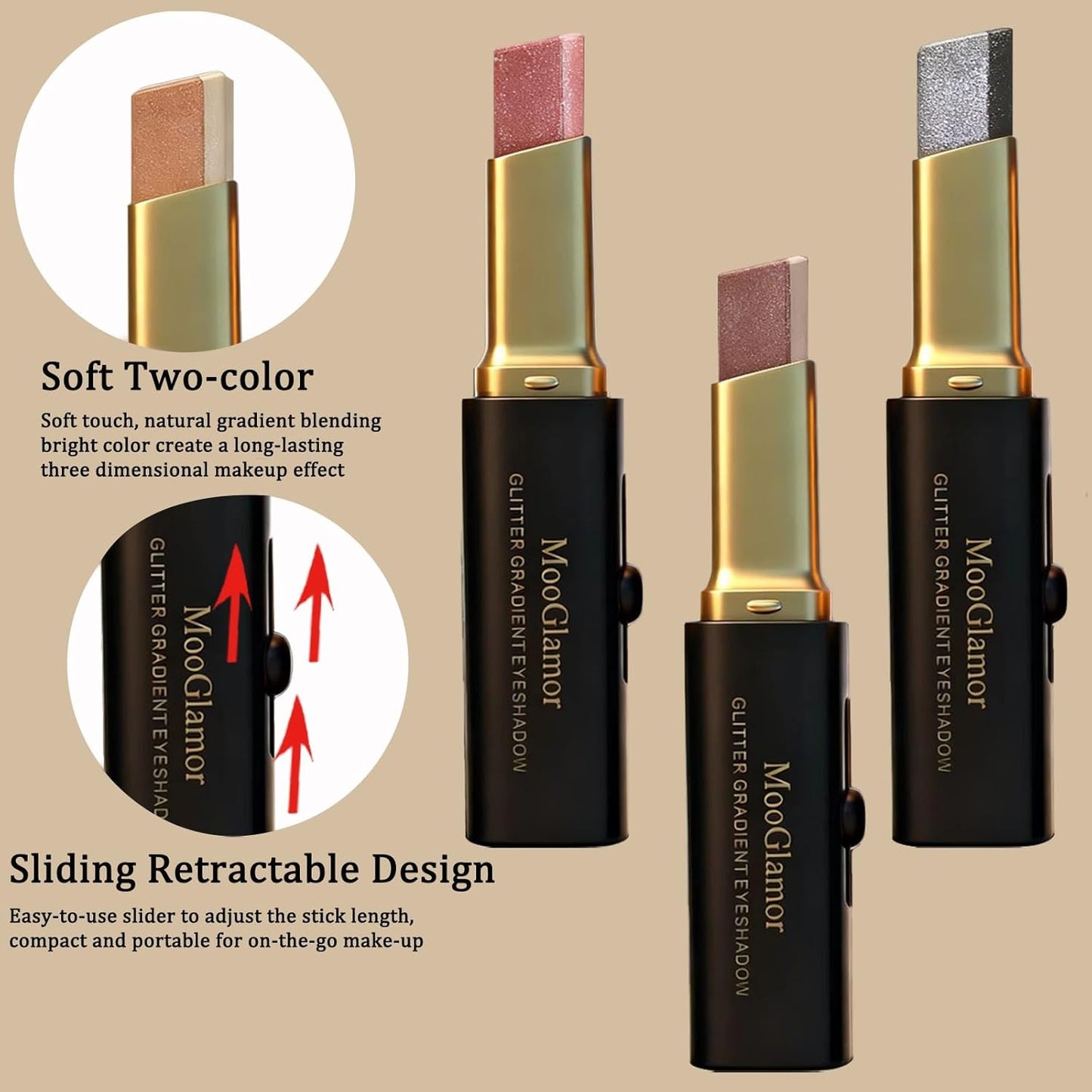 6Pcs Two-Color Waterproof Eyeshadow Stick Shimmery Eye Shadow Set | Glitter Gradient Eyeshadow Pen Smooth Texture Retractable Design Portable for Travel Makeup