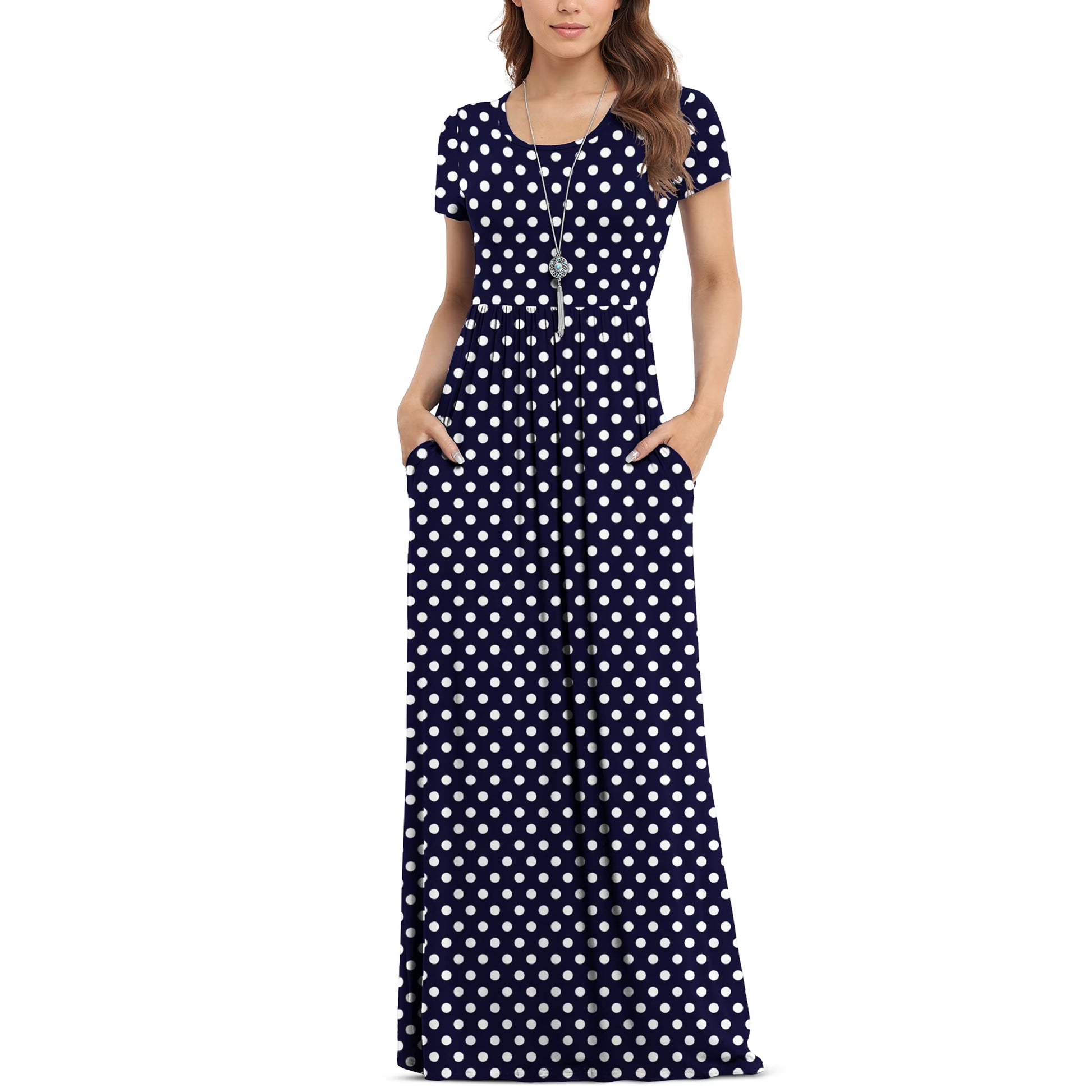 Women'S Short Sleeve Loose Plain Maxi Dresses Casual Long Dresses with Pockets,Mother'S Day,F Navy Blue Dot,L