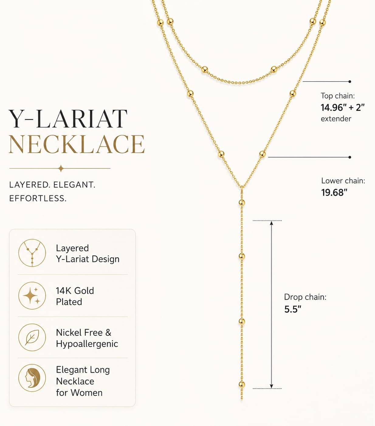 Lariat Gold Necklace for Women, Dainty Long Necklace 14K Gold Plated/Silver Y-Shaped Pendant Necklace Trendy Layered Cz Beaded Chain Drop Necklaces Simple Gold Jewelry for Women Gift