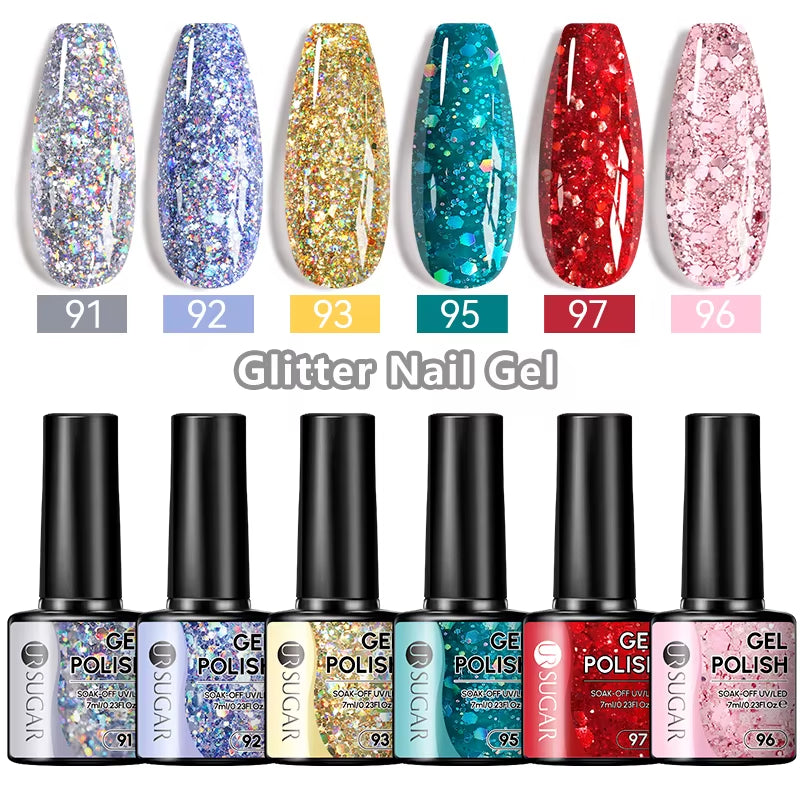 7Ml Champagne Gold Sequins Gel Nail Polish Bright Sparkling Glitter French Semi Permanent Nail Painting UV Gel